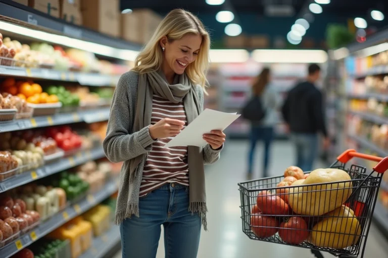 Femme examinant sa liste de courses dans un supermarche
