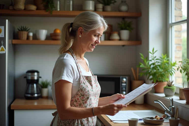 Femme d'âge moyen dans une cuisine chaleureuse compare une recette