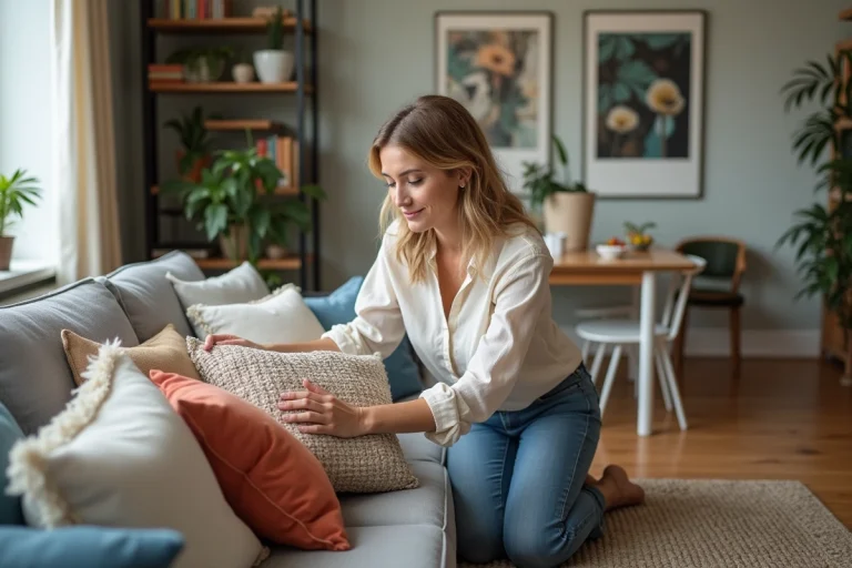 Femme arrangeant des coussins dans un salon moderne