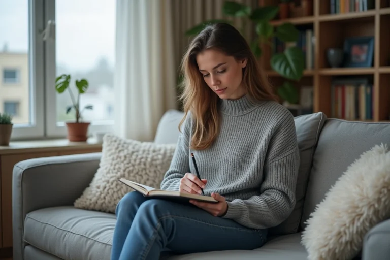 Femme assise sur un canapé écrivant dans un carnet