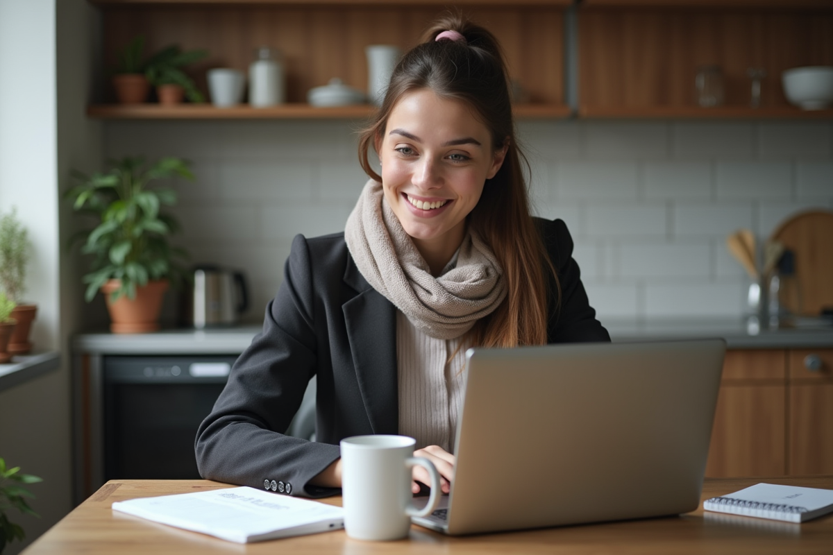 Jeune femme concentrée à son bureau dans son appartement étudiant