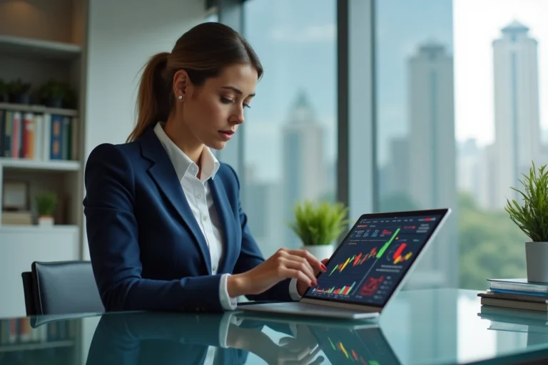 Femme d'affaires en costume regardant une tablette financière
