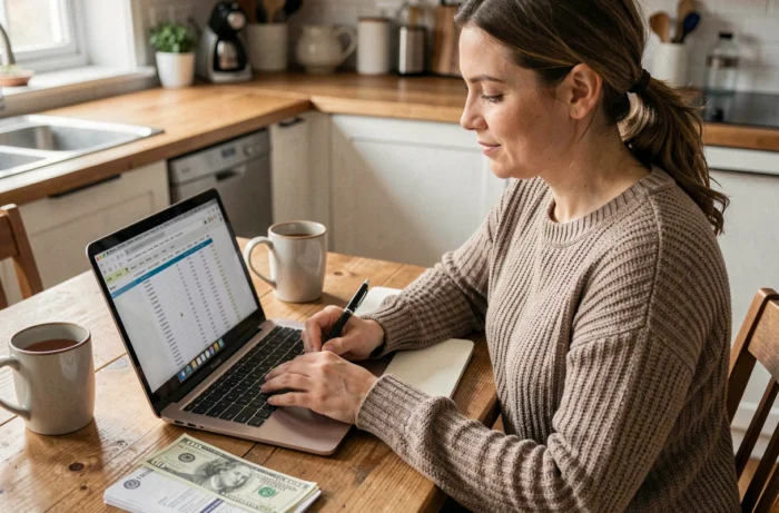 Femme gérant son budget personnel sur un ordinateur portable dans une cuisine moderne avec des documents financiers