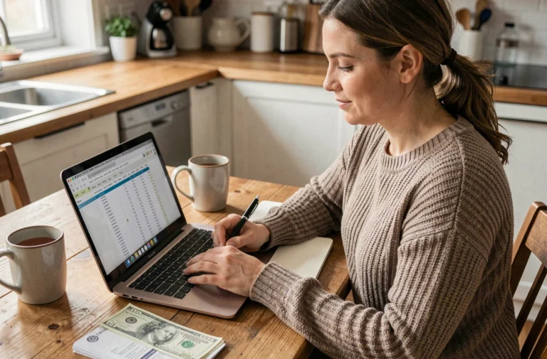 Femme gérant son budget personnel sur un ordinateur portable dans une cuisine moderne avec des documents financiers
