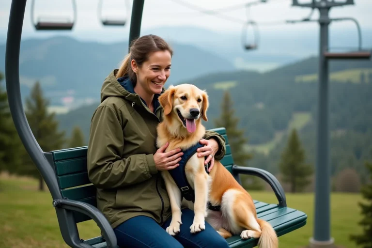 Femme souriante avec chien sur ski lift en montagne