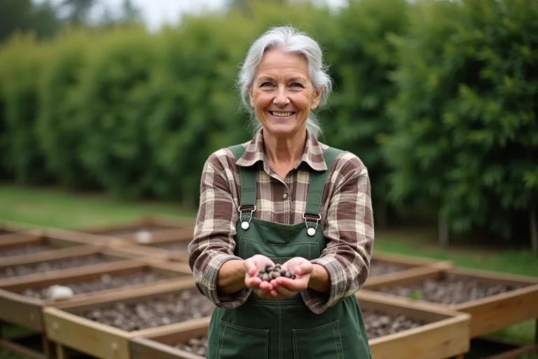 Femme en tenue de jardinage tenant des escargots dans la main