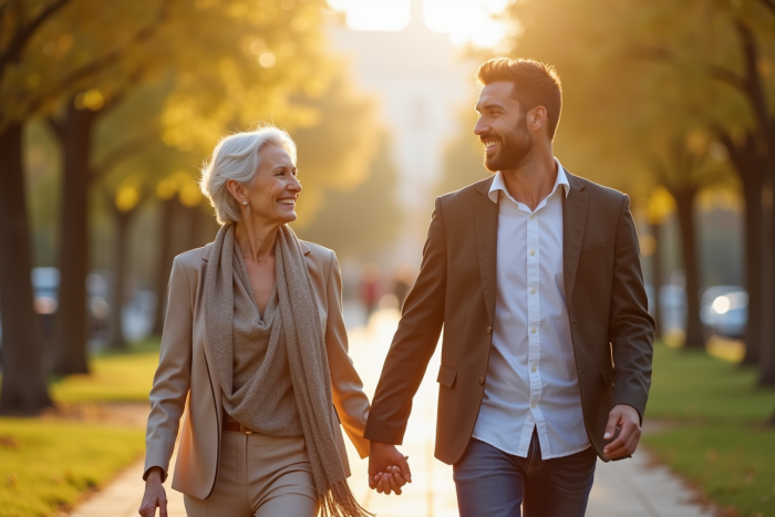 Femme mature et jeune homme main dans la main dans un parc ensoleille