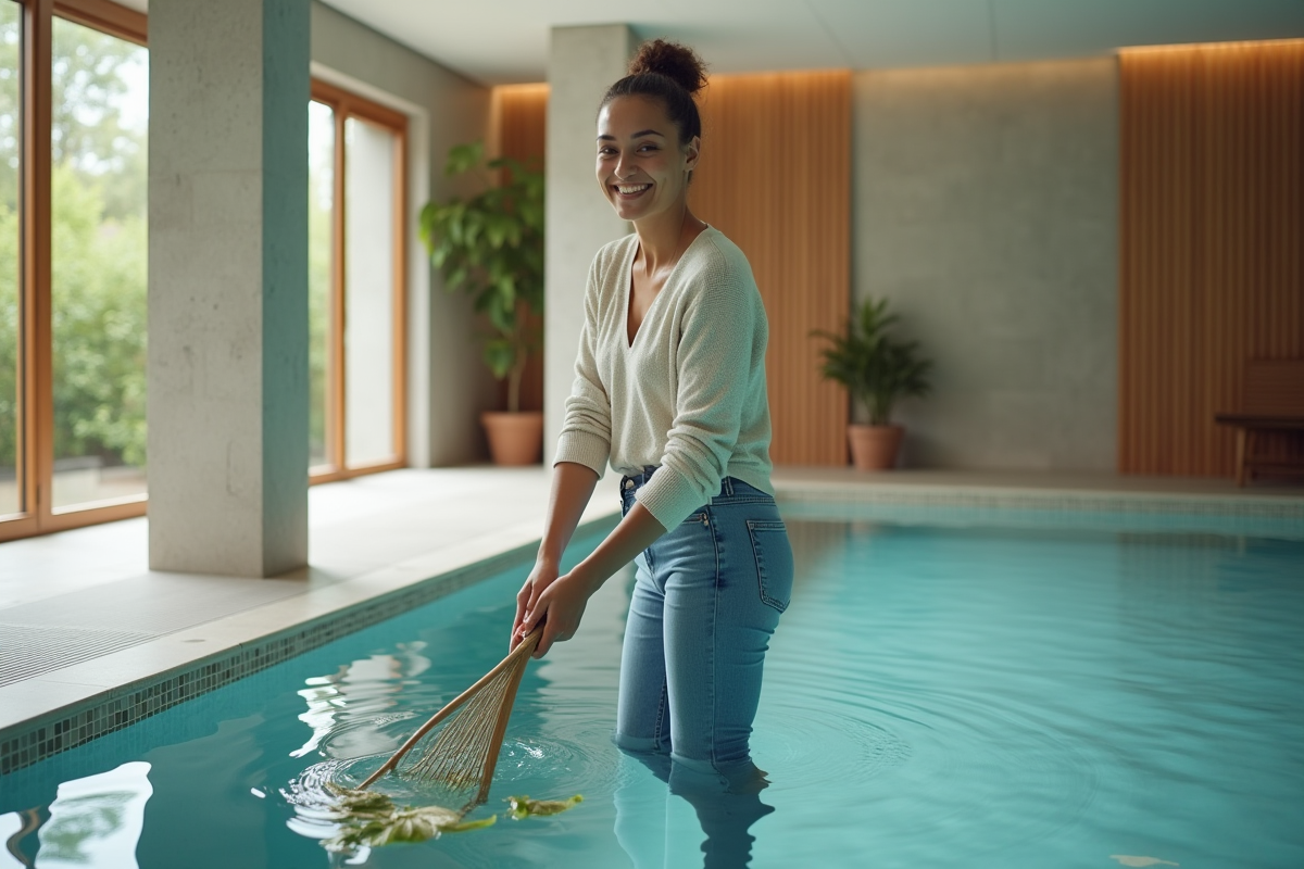 Femme nettoyant la piscine intérieure avec un filet