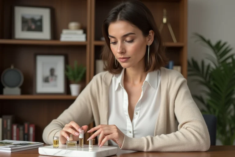 Femme examinant des flacons de parfum dans un bureau cosy