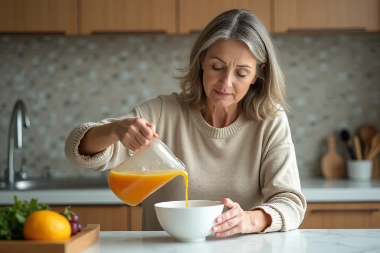 Femme versant du bouillon dans un bol dans la cuisine moderne