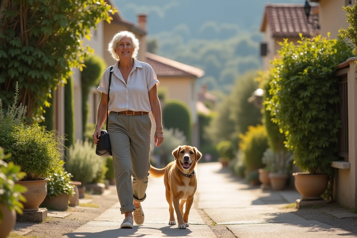 Femme marchant avec son chien dans un quartier résidentiel de Toulon