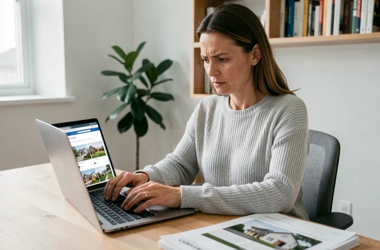 Femme consultant des annonces immobilières en ligne sur un ordinateur portable dans un bureau à domicile moderne