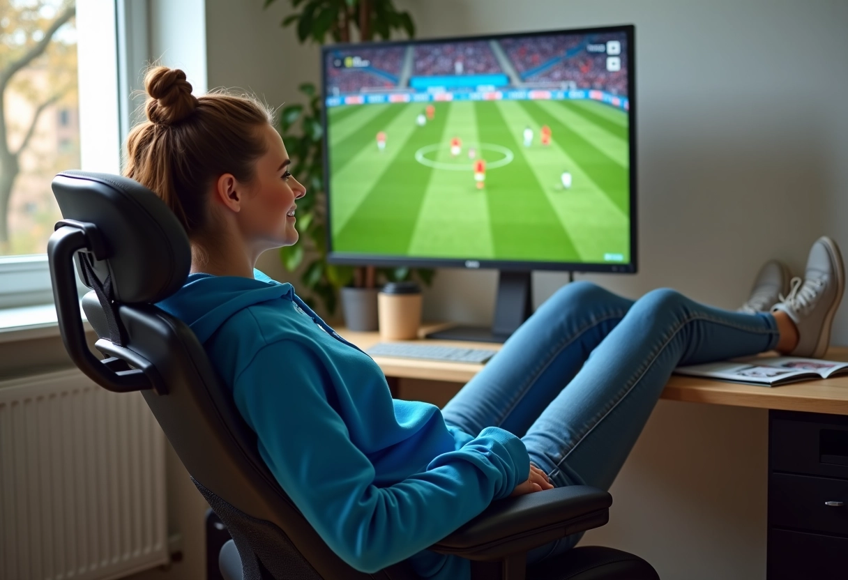 Femme regardant un match de football sur son écran