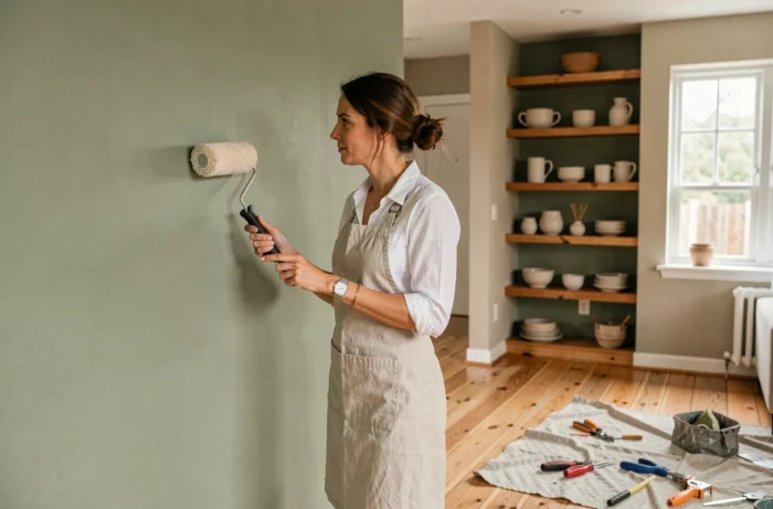 Femme rénovant un salon en peignant un mur vert sauge avec un rouleau, entourée d'outils de décoration intérieure