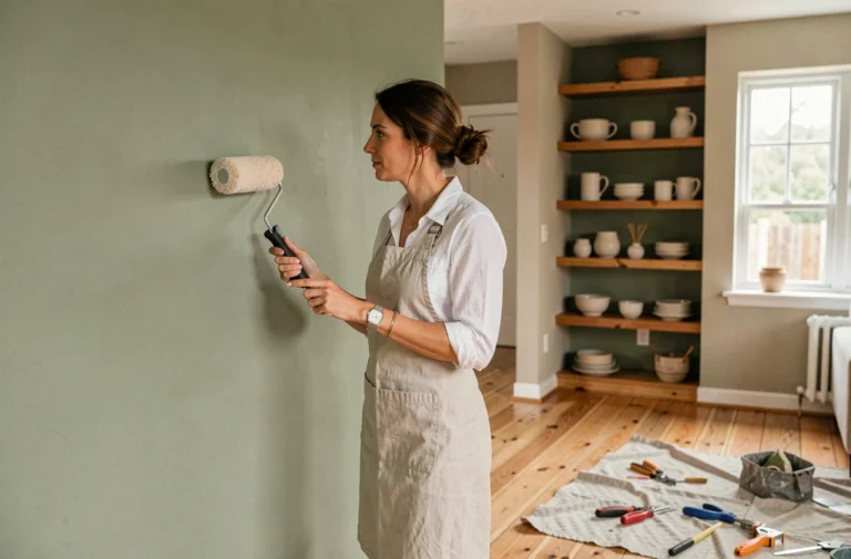 Femme rénovant un salon en peignant un mur vert sauge avec un rouleau, entourée d'outils de décoration intérieure