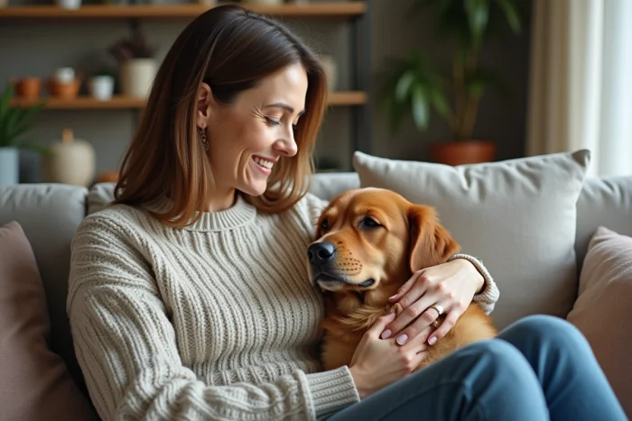 Femme assise avec son retriever dans un salon chaleureux