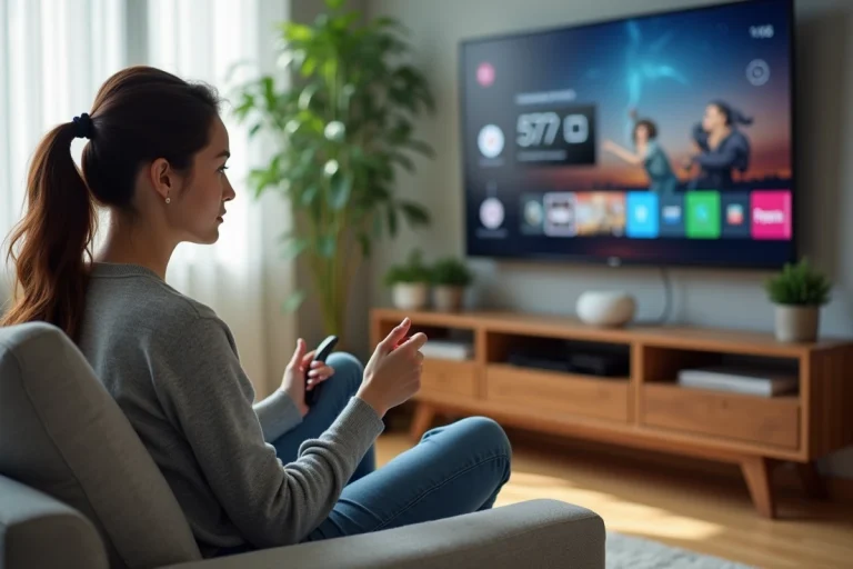 Jeune femme regardant la télévision connectée dans un salon cosy