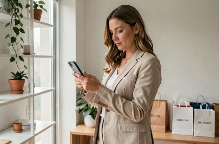 Femme consultant une application de shopping en ligne sur son smartphone dans un appartement moderne et minimaliste