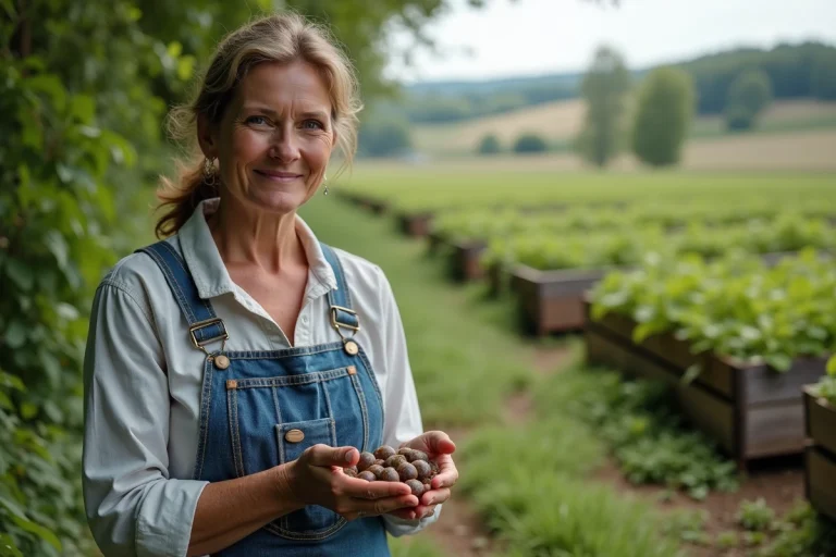 Femme en salopette et bottes en caoutchouc tenant des escargots dans une ferme