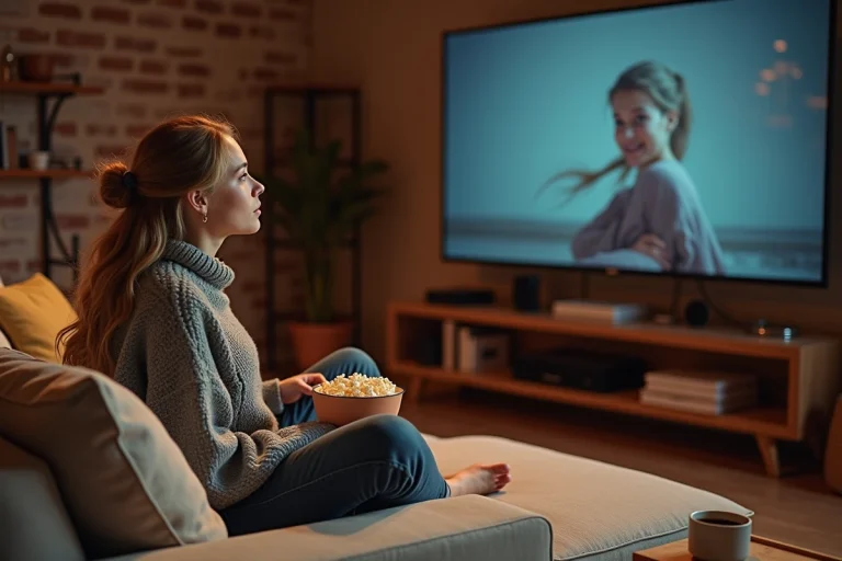 Jeune femme regardant un film en streaming sur son canapé avec du pop-corn, ambiance cosy à domicile