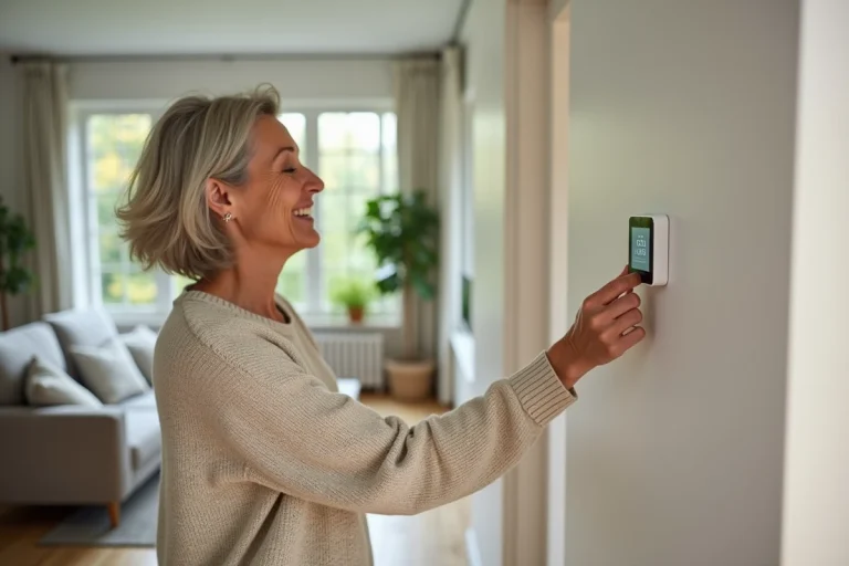 Femme détendue ajustant un thermostat intelligent dans un salon moderne