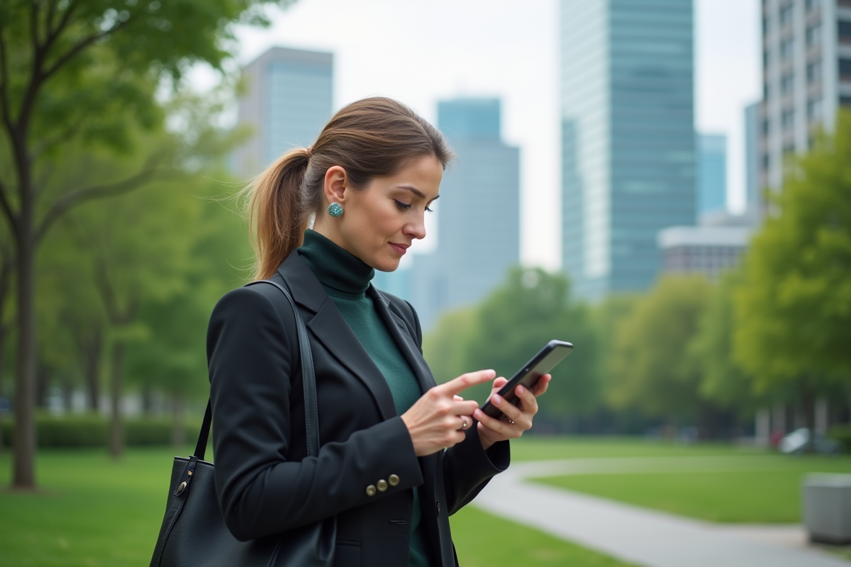 Femme urbaine vérifiant ses notifications sur smartphone en plein air
