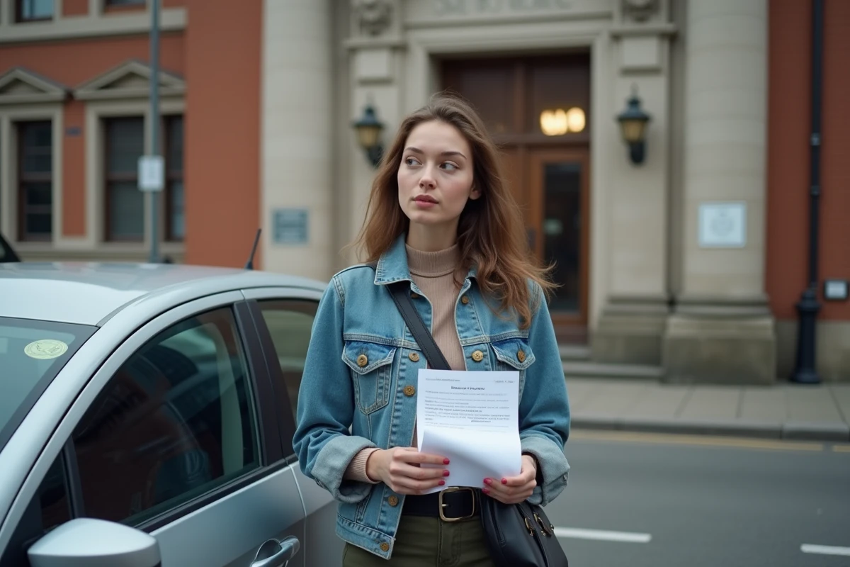 Jeune femme avec avis de suspension devant sa voiture