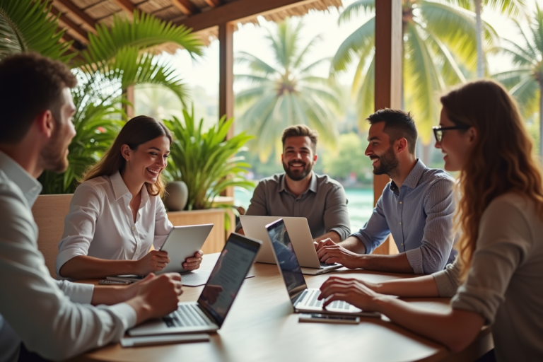 Groupe de professionnels au café tropical avec ordinateurs et téléphones