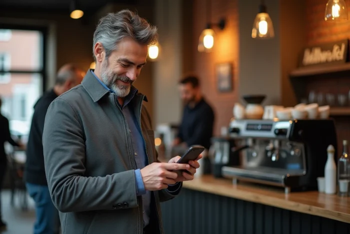 Homme lisant les nouvelles sur smartphone dans un café urbain contemporain