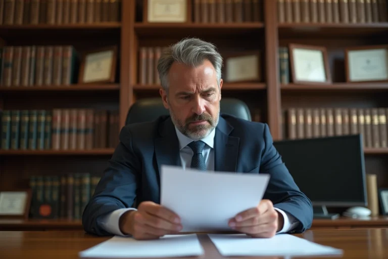 Homme d'affaires anxieux examinant des documents officiels
