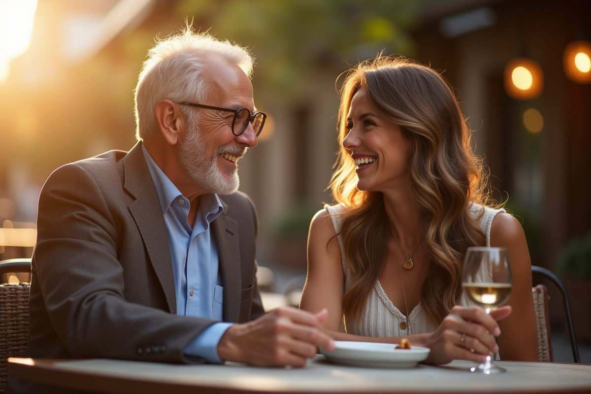 Homme plus age et femme assis au cafe souriant ensemble