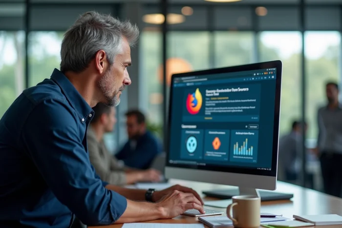 Homme en bureau professionnel consultant un tableau de bord antivirus sur Firefox depuis un ordinateur de bureau