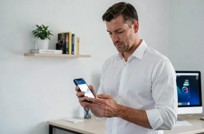 Homme consultant une application de finance personnelle sur son smartphone dans un bureau épuré à domicile
