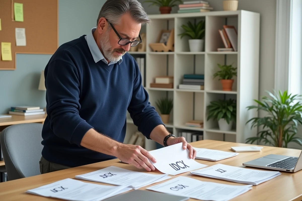 Homme organisant des pages de fichiers docx dans un bureau
