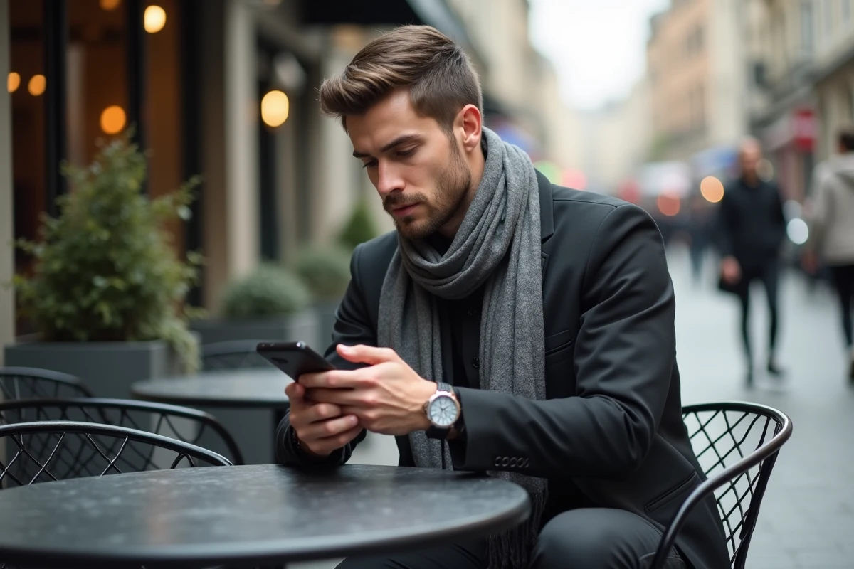 Homme assis au café en ville regardant son téléphone