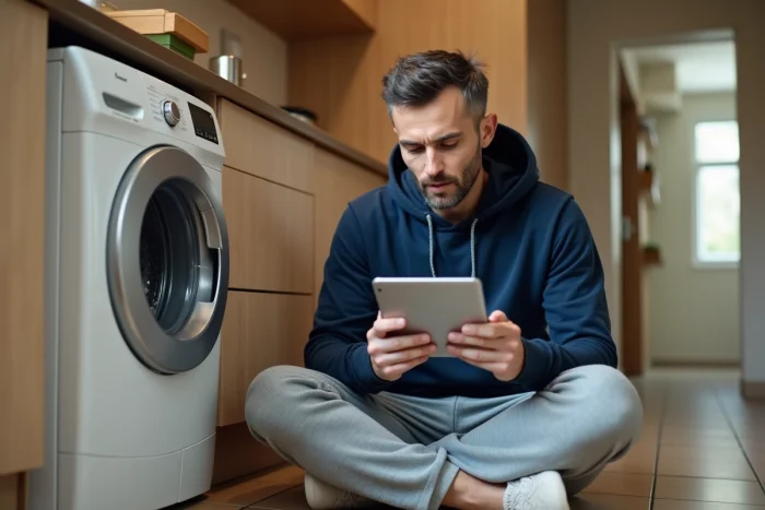 Homme consultant une notice de machine à laver Valberg en ligne sur une tablette