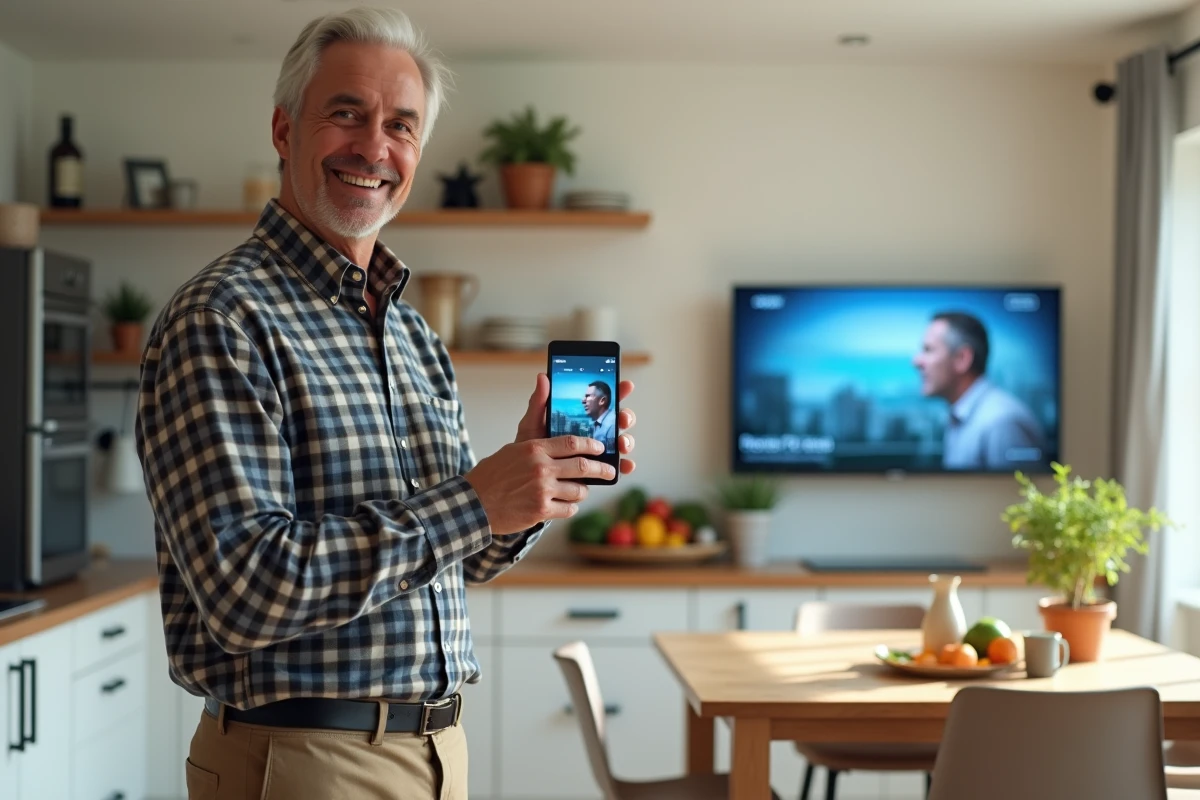 Homme âgé utilisant un smartphone pour streaming TV dans la cuisine