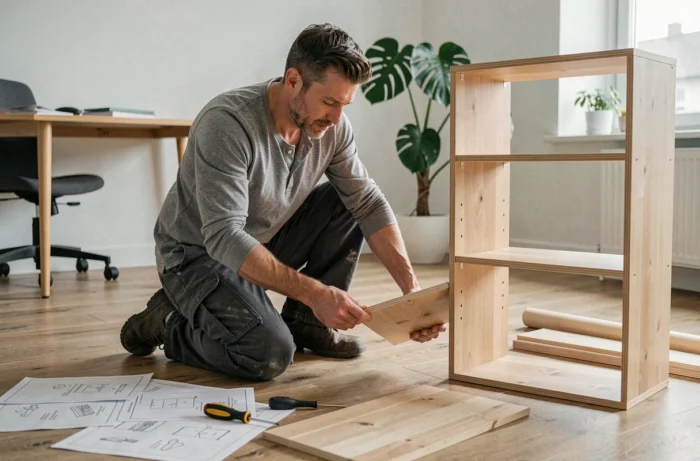 Homme assemblant une étagère en bois dans un bureau à domicile moderne avec des outils et des planches au sol