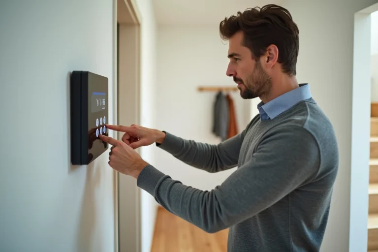 Homme interagissant avec un panneau de contrôle d'alarme Verisure anti-brouilleur installé dans un couloir d'entrée moderne