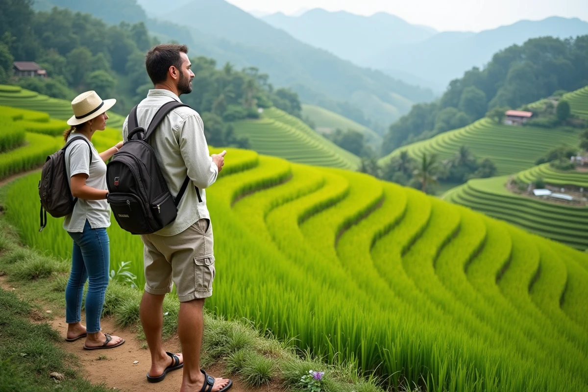 Homme observant une riziere avec un guide dans la campagne