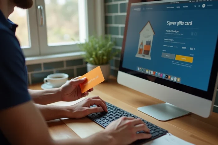 Homme saisissant le code d'une carte Illicado sur un ordinateur pour payer ses achats Leroy Merlin en ligne