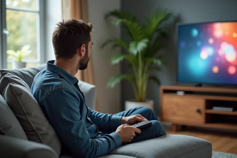Homme détendu regardant la télévision dans un salon cosy