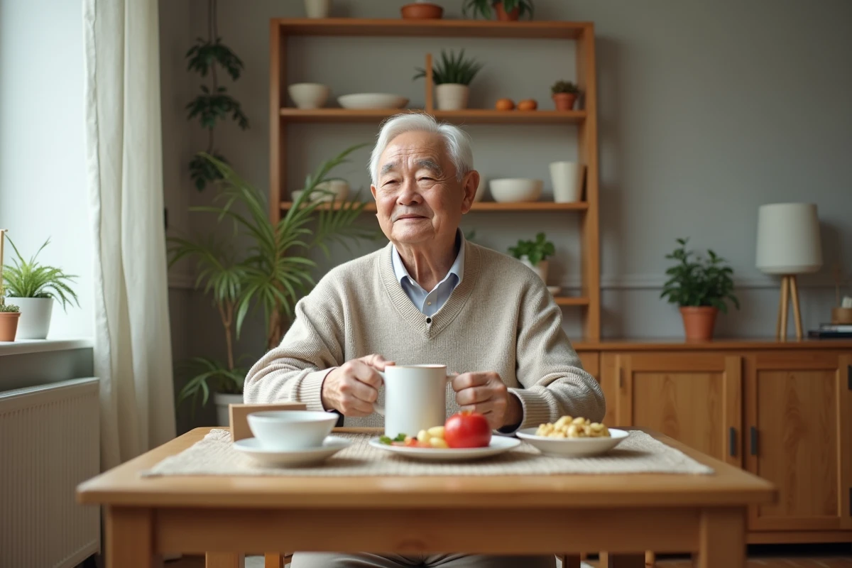Homme âgé dégustant du bouillon dans une salle à manger lumineuse