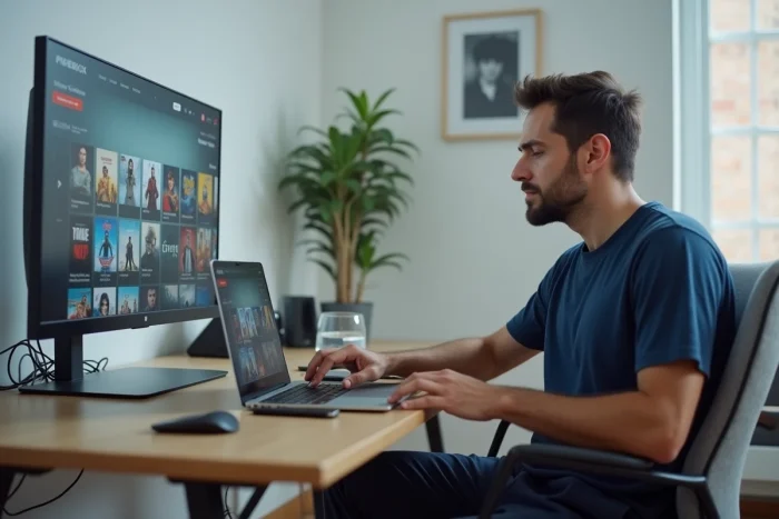 Homme parcourant des sites de streaming gratuits sur son ordinateur portable dans un bureau moderne à domicile