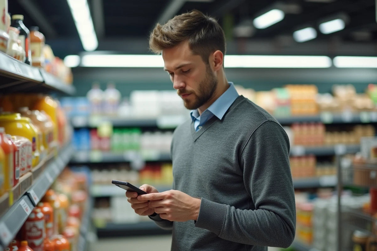 Homme en supermarché prenant des notes sur son smartphone
