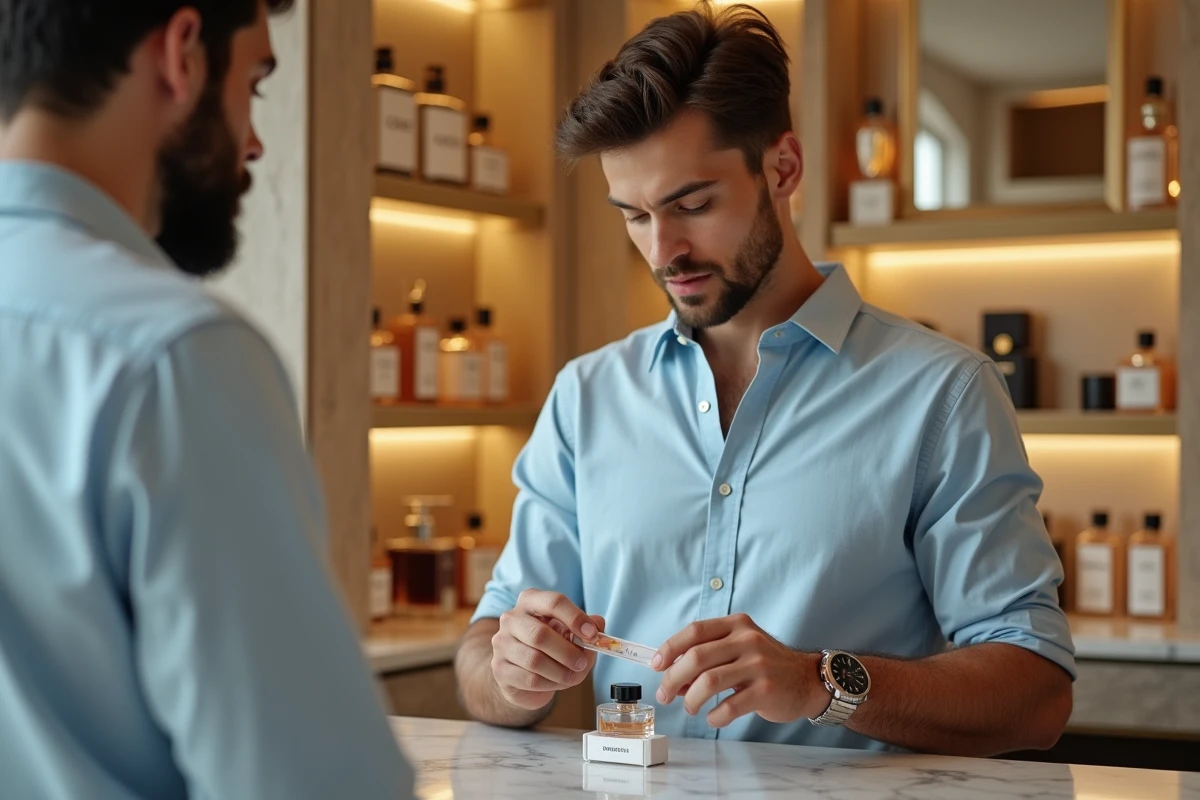 Homme testant un parfum dans une boutique élégante