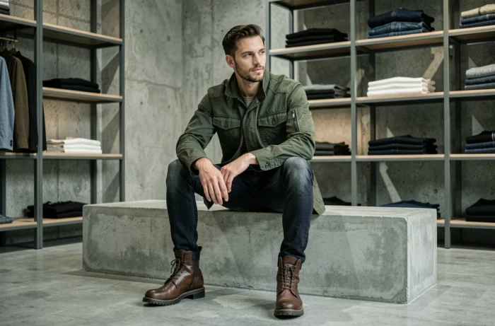 Homme en veste utilitaire verte assis dans un concept store minimaliste, look mode urbain tendance de la saison