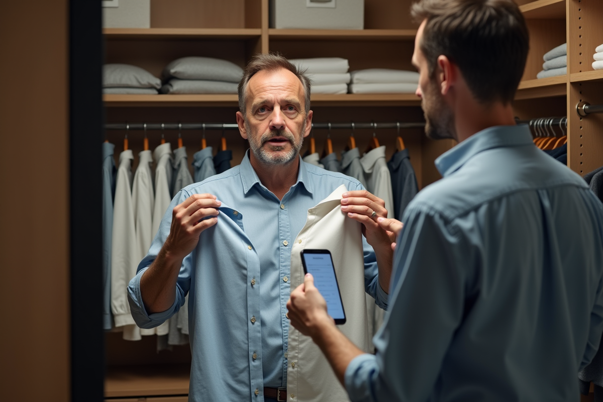 Homme vérifiant la taille de ses chemises devant un miroir