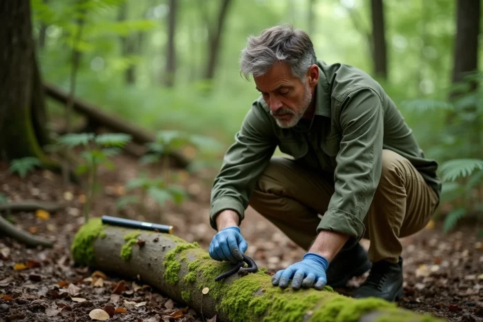Biologiste de terrain examinant des crottes de serpent sur une bûche moussue en forêt, avec règle de mesure pour l'identification