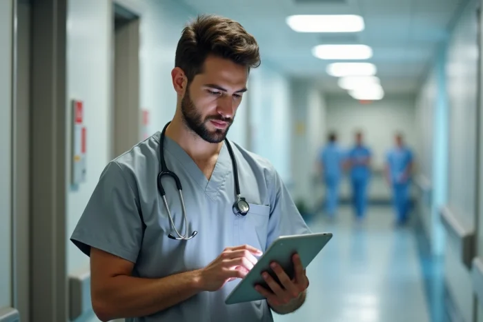 Infirmier consultant une application professionnelle de santé sur une tablette dans un couloir d'hôpital